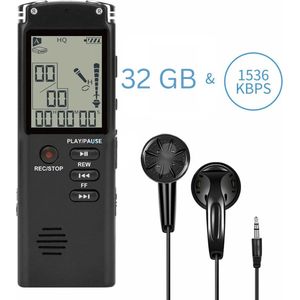 Dictafoon - Voice Recorder 32 GB 1536 Kbps - Voicerecorder Met Maximaal 136 uur opname tijd - Afluisterapparatuur – Zwart