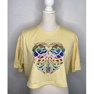 Crop Top - geel, Love Hugs Regenboog glitter skelet hart | skeleton heart graphic print - 100% katoen - T-shirt Maat M