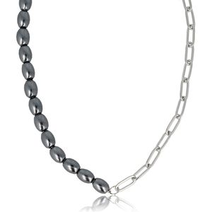 My Bendel - Ketting zilver met schakels en zwarte parels - Zilveren schakelketting gecombineerd met ovale zwarte parels - Met luxe cadeauverpakking