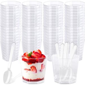 Dessertglazen met lepels - 80 stuks plastic dessertbekers - 160 ml - transparant - herbruikbaar - achthoekig - mousse pudding ijs buffetten