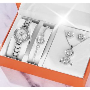 Horlogebox voor dames - geschenkdoos - cadeau set met horloge - oorbellen - ketting - ring - armband - valentijn cadeautje voor haar - zilver