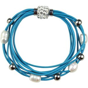 Zoetwater parel armband Bling Pearl Aqua - echte parels - echte leer - wit - blauw - aqua - zilver - magneetslot