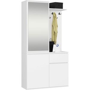 Hal set met spiegel ENTRO / Halmeubel met 3 Deuren en 1 Lade / Hal Kast / Kapstok en Schoenenkast / Wit / 95 x 183 x 35 cm