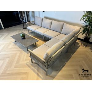 Lalounge - Aurora 5-delige Loungeset - 6 Zitplaatsen - Loungeset Tuinmeubels Sale - Aluminium Loungeset - Sandy met Luxe Kussens - Afmetingen 213cm x 213cm