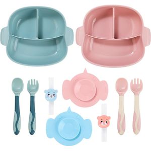 8-delig Plastic Servies Set Roze en Blauw - Plastic Servies Set - Babyservies - Kinderservies - Baby Bord Zuignap - Onbreekbaar
