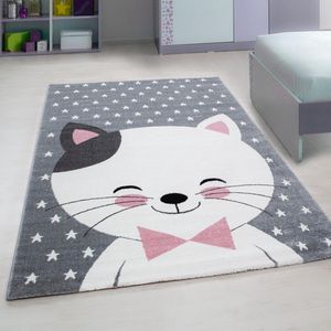 Tapijtenloods Kids Poesje Vloerkleed Kinderkamer Grijs / Roze Laagpolig- 120x170 CM