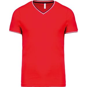 Rood met blauw-wit t-shirt met streepje bij kraag en mouw V-hals merk Kariban maat S