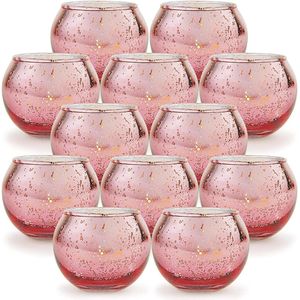 Ronde Votiefkandelaars Kwikglas Theekandelaar Bulk Gespikkeld voor Tafelmiddenstuk Bruiloftsfeest Woondecoratie - 12 Stuks Roze