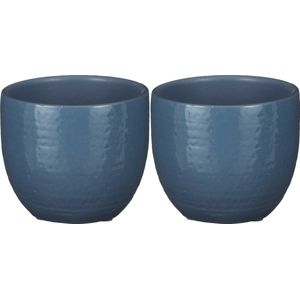 Mica Decorations - plantenpot/bloempot - 2x - blauw glans flakes relief- D14/H12 cm