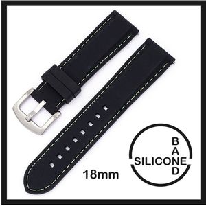 18mm Rubber Siliconen horlogeband zwart met witte stiksels passend op o.a Casio Seiko Citizen en alle andere merken - 18 mm Bandje - Horlogebandje horlogeband