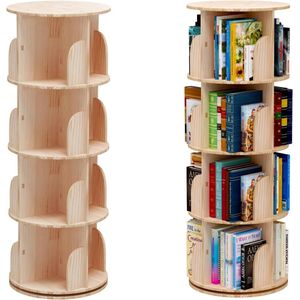 Roterende boekenkast, staand rek, 360 graden, opbergrek voor kinderen en volwassenen, multifunctioneel boekenrek van massief hout (4 planken)