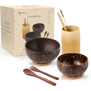 Namture Starter Set (9-delig)- Coconut Bowls – Bamboe Beker – Medium Kokosnoot Kom - Houten bestek – Bamboe Rietje - 100% Natuurlijk - Duurzaam –