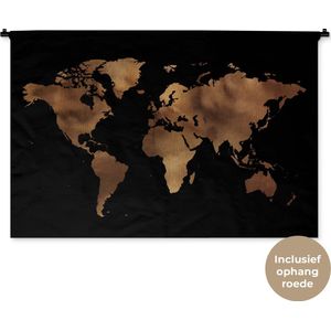 Wandkleed WereldkaartenKerst illustraties - Bronskleurige wereldkaart met structuurpatroon op zwarte achtergrond Wandkleed katoen 150x100 cm - Wandtapijt met foto