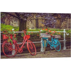 WallClassics - Vlag - Rood/Blauwe Fietsen met Bloemen Gevuld - 90x60 cm Foto op Polyester Vlag