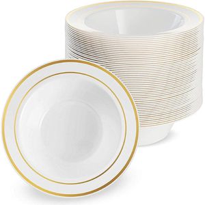 25 Witte Plastic Kommen met Gouden Rand, Soepkommen voor Bruiloften, Verjaardagen, Doopfeesten, Kerstmis & Feestjes (360 ml) - Herbruikbaar & Stabiel