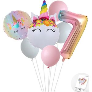 Eenhoorn Unicorn Sweet Color Ballonnen Set - Snoes - Cijfer Ballon 7 Jaar - Roze - Wit - Pastel
