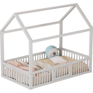 Merax Kinderbed van Hout 90x200 cm – Huisbed met Uitvalbeveiliging en Hekje – Montessori Stijl – Wit