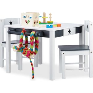 Relaxdays kinder zitgroep STAR - kindertafel met 2 stoelen - sterren design - houten kindermeubelset - wit-grijs