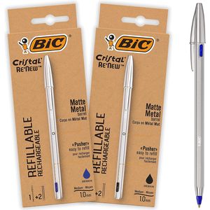 BIC Cristal Re'New Premium navulbare balpen van metaal - blauw en zwart - medium punt (1.0 mm) - 2 pennen en 4 vullingen