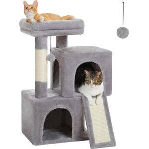 Krabpaal 40x 30x77 cm - voor Grote & Kleine Katten - Kattenboom met Gevoerde Zitstang - Kat Speelgoed - Kattentoren met Pluche Mand - Grijs/Beige