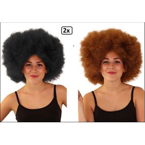 2x Super Afro pruik zwart en bruin