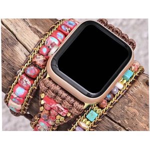 Apple Watch bohemian horloge bandje 42/44/45 mm roze/bruin Natuursteen Kralen Wikkelband Ibiza stijl
