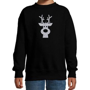 Rendier hoofd Kerstsweater - zwart met zilveren glitter bedrukking - kinderen - Kersttruien / Kerst outfit 122/128