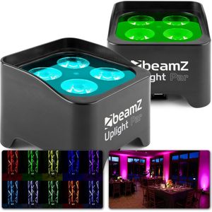 Uplighter - Set van 2 BeamZ BBP90 Uplights met 4 x 4W LED's en ingebouwde accu - Incl. afstandsbediening