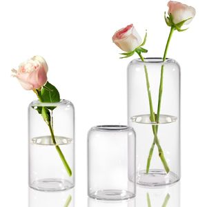 Kleine vaas van glas voor tafeldecoratie, decoratieve vazen, set van 3 cilinders, knop, bloemenvaas met smalle mond voor bruiloft, handgeblazen glazen vaas voor woondecoratie, middenstukken