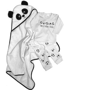 Babypakje-Baby badcape met capuchon-Shirt met broekje panda print-Maat 56