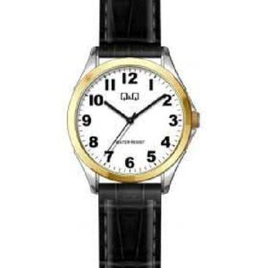 Q&Q C13A-500PY - Horloge - Analoog - Vrouwen - Dames - Leren band - Rond - Staal - Zwart - Zilverkleurig - Goudkleurig