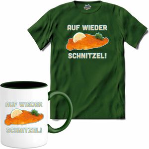 Auf Wieder Schnitzel! | Grappige apres ski eten shirt | Wintersport kleding - T-Shirt met mok - Unisex - Bottle Groen - Maat 4XL