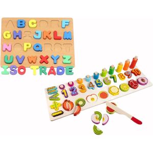 Montessori Educatief Houten ABC Puzzel + Getallen Rekenpuzzel + Vormenpuzzel + Kleuren – Tellen en Stapelen – Montessori Toys – Leer Letters, Cijfers, Vorm + Kleuren