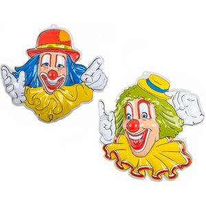 Carnaval/party decoratie borden - 2x Clown hoofden - wand/muur versiering - 50 x 50 cm - plastic