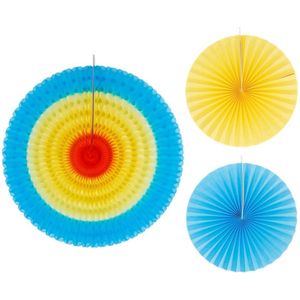 Cool 2 Party - Honeycomb - Decoratie waaiers - 3 stuks - Blauw geel Oranje 1 x 50 cm 2 x 30 cm - rond - verjaardag - feest