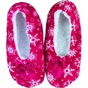 Pantoffels Dames - Wollen sloffen - Antislip - Sneeuwvlokjes - Roze - Maat 35-38