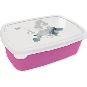 Broodtrommel Roze - Lunchbox - Brooddoos - Kaart Europa - Aquarelverf - Grijs - 18x12x6 cm - Kinderen - Meisje