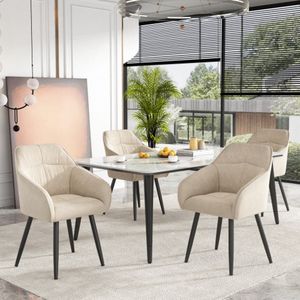 Eetkamerstoel (4 pcs) - Gestoffeerde Stoel met Metalen Poten - Fluweel - Bekleding met Fluwelen Cover - Keukenstoel met Rugleuning - met Armleuning Fluweel - Woonkamer Stoelen - Verstelbare Voorpoten van de Stoel - Beige