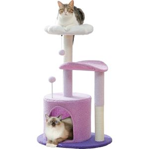 NewWave® - Katten Krabpaal Roze/Paars - Paarse Bloem Katten Toren - Met Huisje - 39x54x84cm - Met Hangend Balletje & Pom Plush