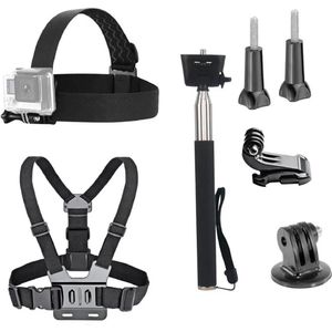 Ultiluxe® 7-in-1 action cam accessoire set - Geschikt voor GoPro - Hoofdband, stick, chest mount, statief - Actie camera houder set - Zwart - Borstriem voor telefoon - Ski camera - Wintersport, hiken, fietsen, sport - Selfiestick