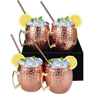 Moscow Mule Bekers, 4-delige set – bevat 4 x 18 oz koperen bekers, 4 x rietjes, koperen bekers gehamerd en handgemaakt, van bier, gin, wodka, cocktails en water genieten