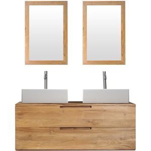 Hangende badkamerkast van licht teakhout met dubbele wastafel en spiegels - 2 lades - 115 cm - BIMBING L 115 cm x H 45 cm x D 45 cm