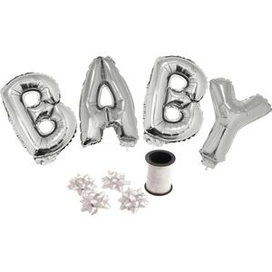 Folie ballonset zilver met letters BABY 41 cm + geschenklint 10m met 4 witte strikken