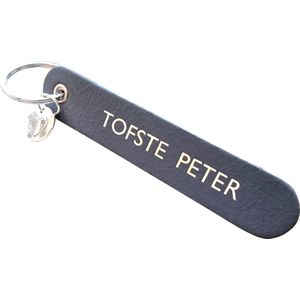Sleutelhanger TOFSTE PETER leder kleur grijs + bedel hartje (peetoom - communie - lentefeest - doopsel - baby)