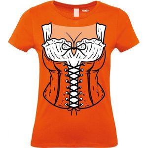 Dames T-shirt Dirndl Boezem | Oktoberfest dames heren | Carnavalskleding heren dames | Foute party | Oranje dames | maat XS
