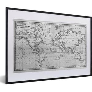 Fotolijst incl. Poster Zwart Wit- Wereldkaart met een grijze tint - zwart wit - 60x40 cm - Posterlijst