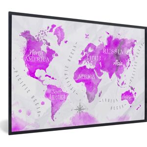 Fotolijst incl. Poster - Wereldkaart - Roze - Olieverf - 60x40 cm - Posterlijst