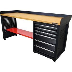 Kraftmeister werkbank 200 cm - Werktafel met 6 laden en MDF werkblad - Zwart