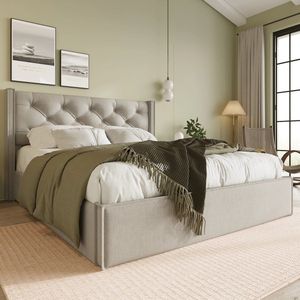 Crossover Retail® - Tweepersoonsbed 160x200 - Bed Met Opbergruimte - Gestoffeerd Bedframe - Incl. Latenbodem - Lichtgrijs