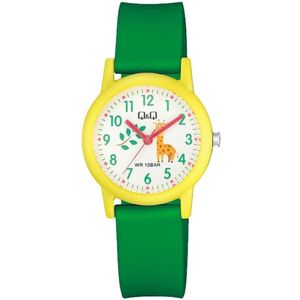 Q&Q V23A-010VY - Horloge - Polshorloges - Analoog - Kinderen - Unisex - Plastic band - Rond - Kunststof - Cijfers - Giraffe - Geel - DonkerGroen - Wit - 10 ATM